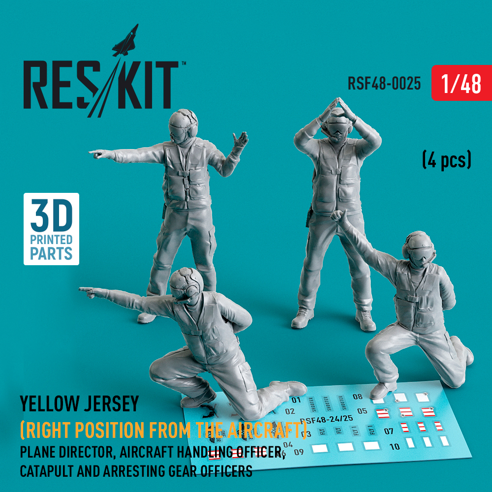Yellow jersey (Modern) (Right position from the aircraft) Plane Director, Aircraft Handling Officer, Catapult and Arresting Gear Officers (4 pcs) (3D Printed) (1/48) RSF48-0025
