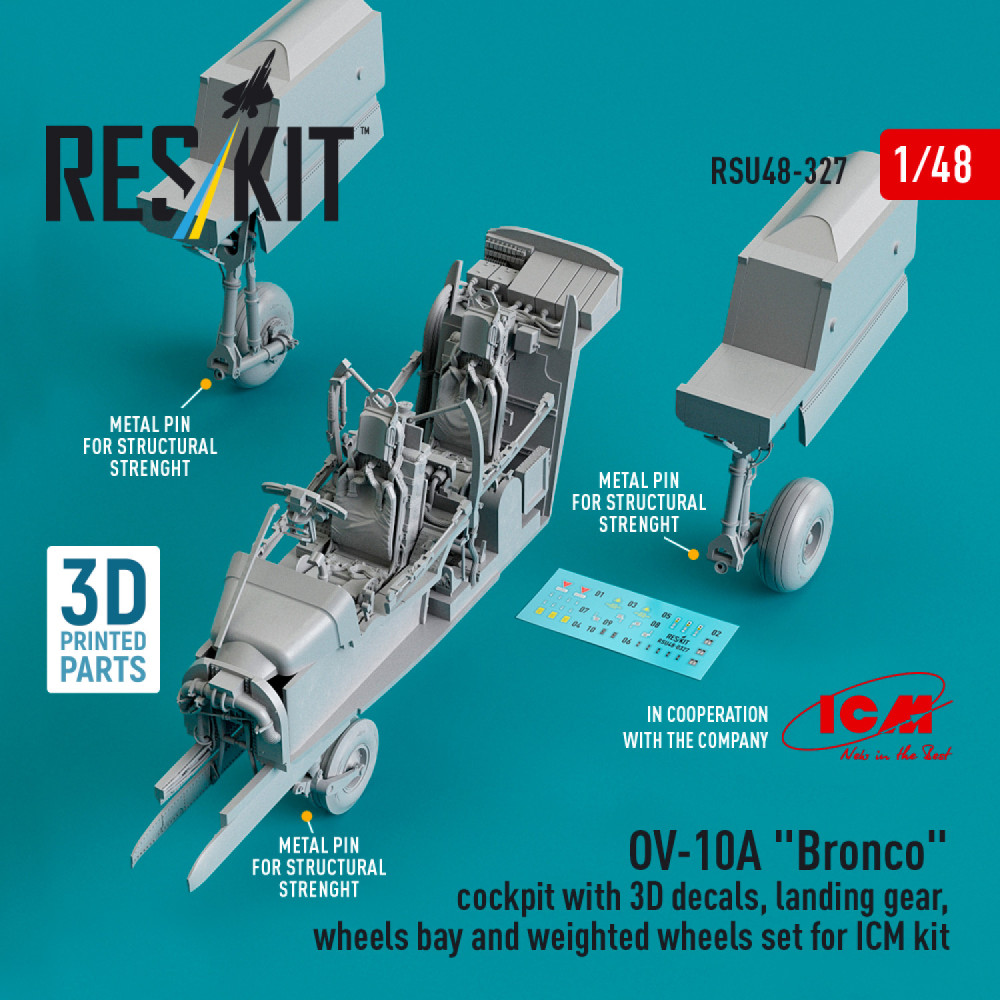 Кабіна OV-10A "Bronco" з 3D-наклейками, шасі, колісним відсіком і комплектом обтяжених коліс для комплекту ICM (3D Друк)  1/48 ResKit RSU48-0327