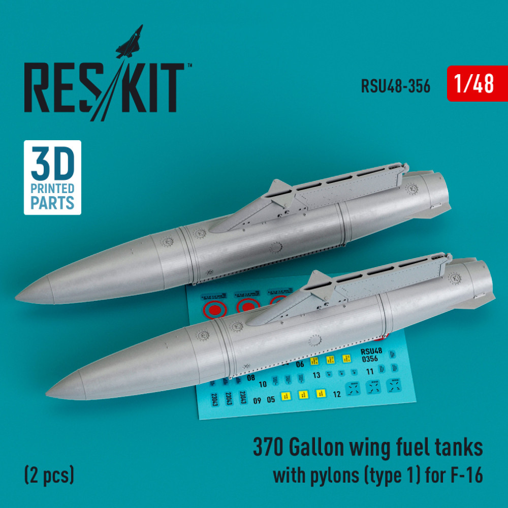 370 Gallon wing fuel tanks with pylons (type 1) for F-16 (2 pcs) (3D Printed) 1/48 ResKit RSU48-0356