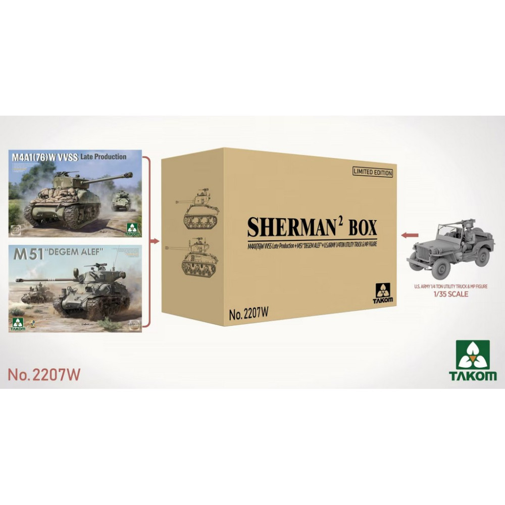 Танки M4A1(76W) VVSS и M51 "Degem Alef" (+ Бонус, автомобиль Willys) 1/35 Takom 2207W